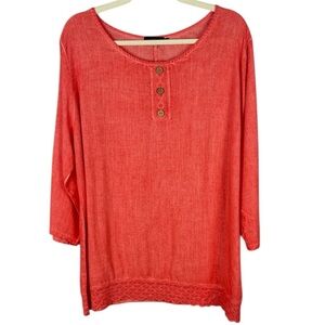 Goa Chic Linen Blend Coral Lace Hem Button-Detail Roll-up Sleeve Top Size Medium